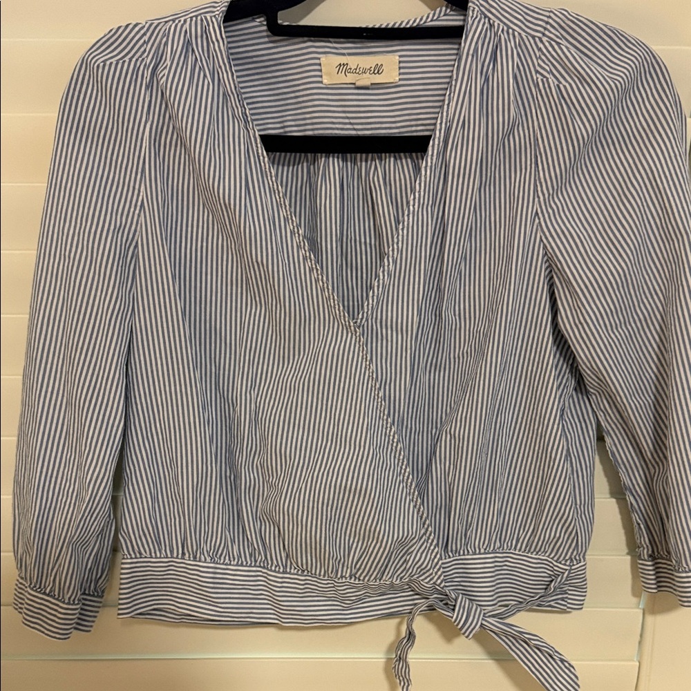 Madewell White and Blue Striped Wrap Blouse Small